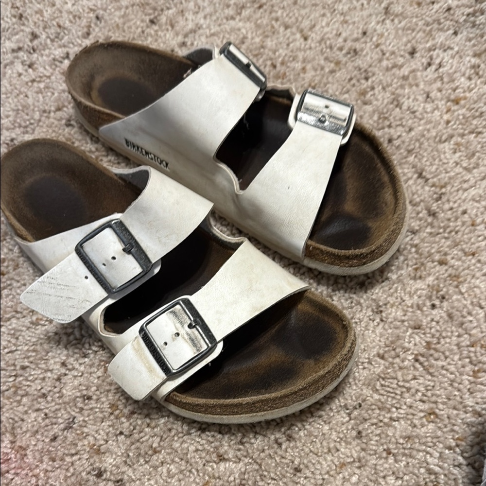 Birkenstock White Arizona Two-Strap Sandals with Silver Buckles